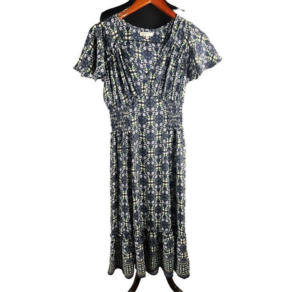 Max studio womans blue purple flower maxi dress ruched waist flutter sleeve S